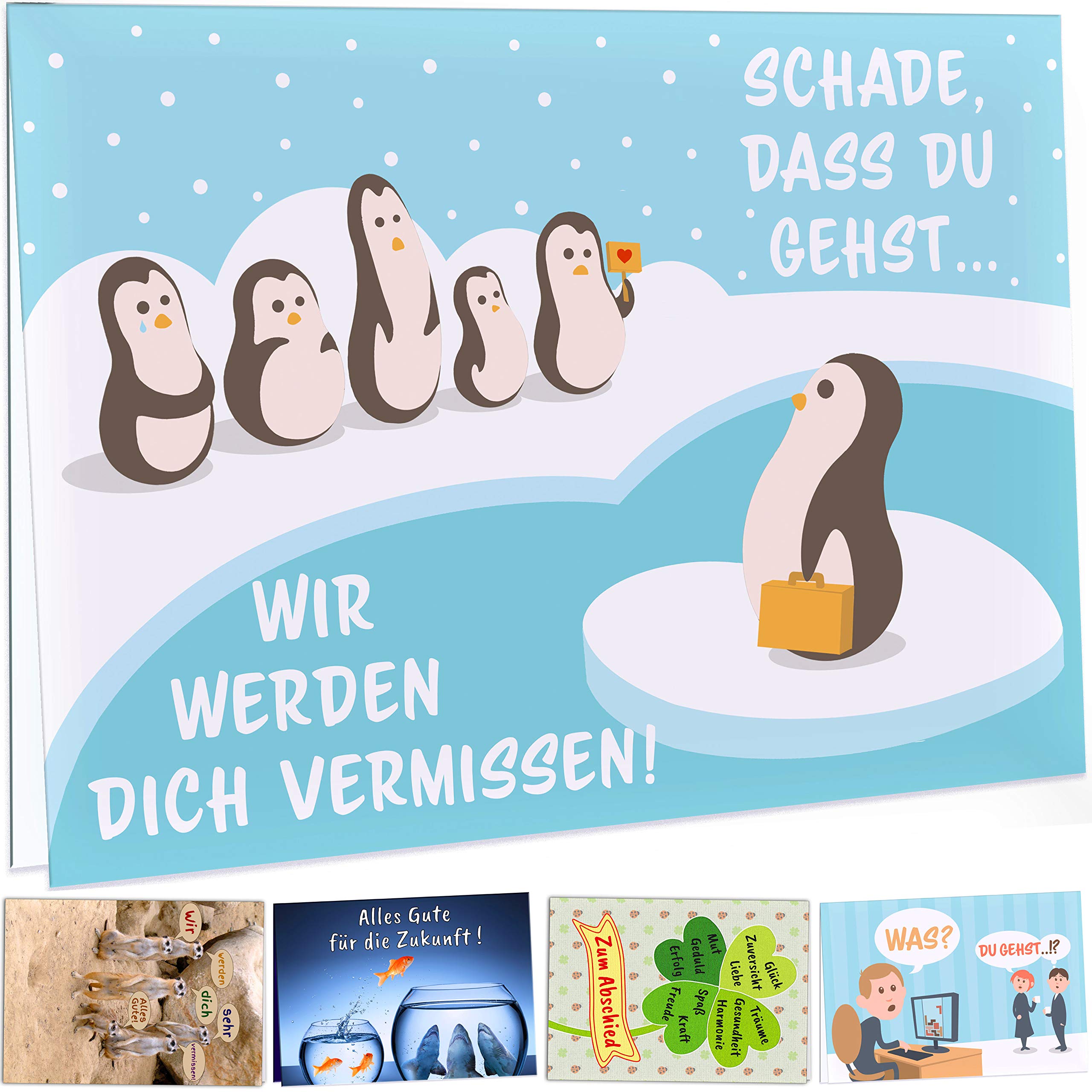 Kulinu 64749 Leaving Card for Colleagues - Leaving Gift Card Large XXL A4 Format - Funny Gift for Goodbye Job Change Retirement Pension Pension Office Staff Colleague Friends Chef DIN A4#1 Penguin