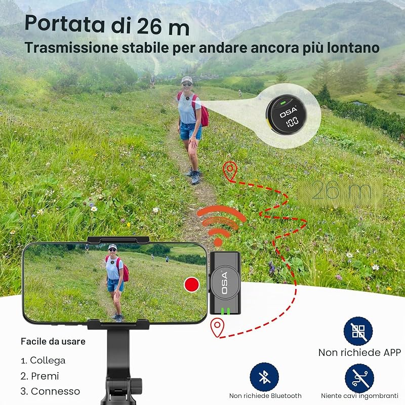 Microfono Lavalier per iPhone15/16 e Android, mini microfono a spina USB-C, senza fili, batteria 40 ore per registrazioni video, interviste, podcast, YouTube, Vlog