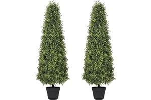Azoco 4ft Artificial Boxwood Topiary Trees (Set of 2) - UV Resistant Faux Plants Outdoor, Realistic 48in Fake Potted Bushes and Shrubs for Front Porch, Planter, Patio - Low Maintenance & Evergreen