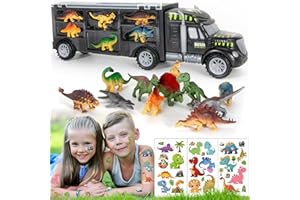 MOBIUS TOYS Dinosaur Truck Toy Carrier for Boys & Girls, Includes 12 Dinosaur Toys - Dino Car Transport Truck Playset with Additional 90+ Fun Dinosaurs Characters Tattoo Stickers Toys Aged 3-7