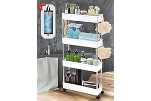 AOSION Slim Storage Cart with Wheels, White, 5.1in Width, 4-Tier Kitchen Storage Organizer, Waterproof and Rust-Proof