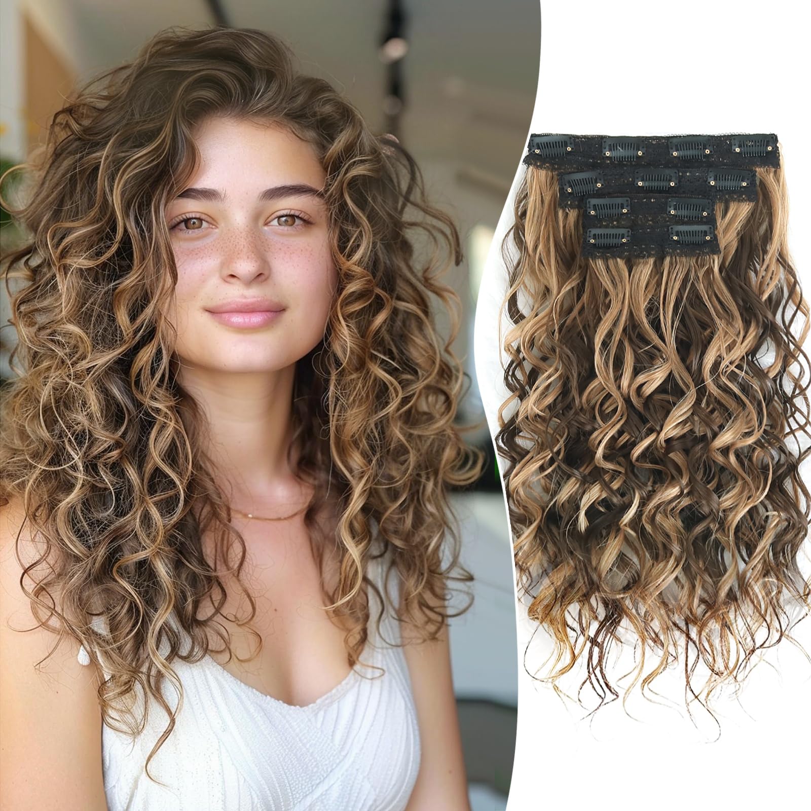 Photo 1 of Aisaide Curly Hair Extensions, 4PCS 16 inch Clip in Hair Extensions Short Soft Natural Hairpiece Lace Weft Curly Wave Clip Ins Extensions Invisible for Women,Chocolate Brown with Ash Blonde Highlight