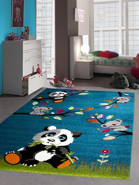 Kinderteppich Spielteppich Kinderzimmer Teppich Tiere mit Panda in Türkis Grün Grau, Größe 120 cm Rund