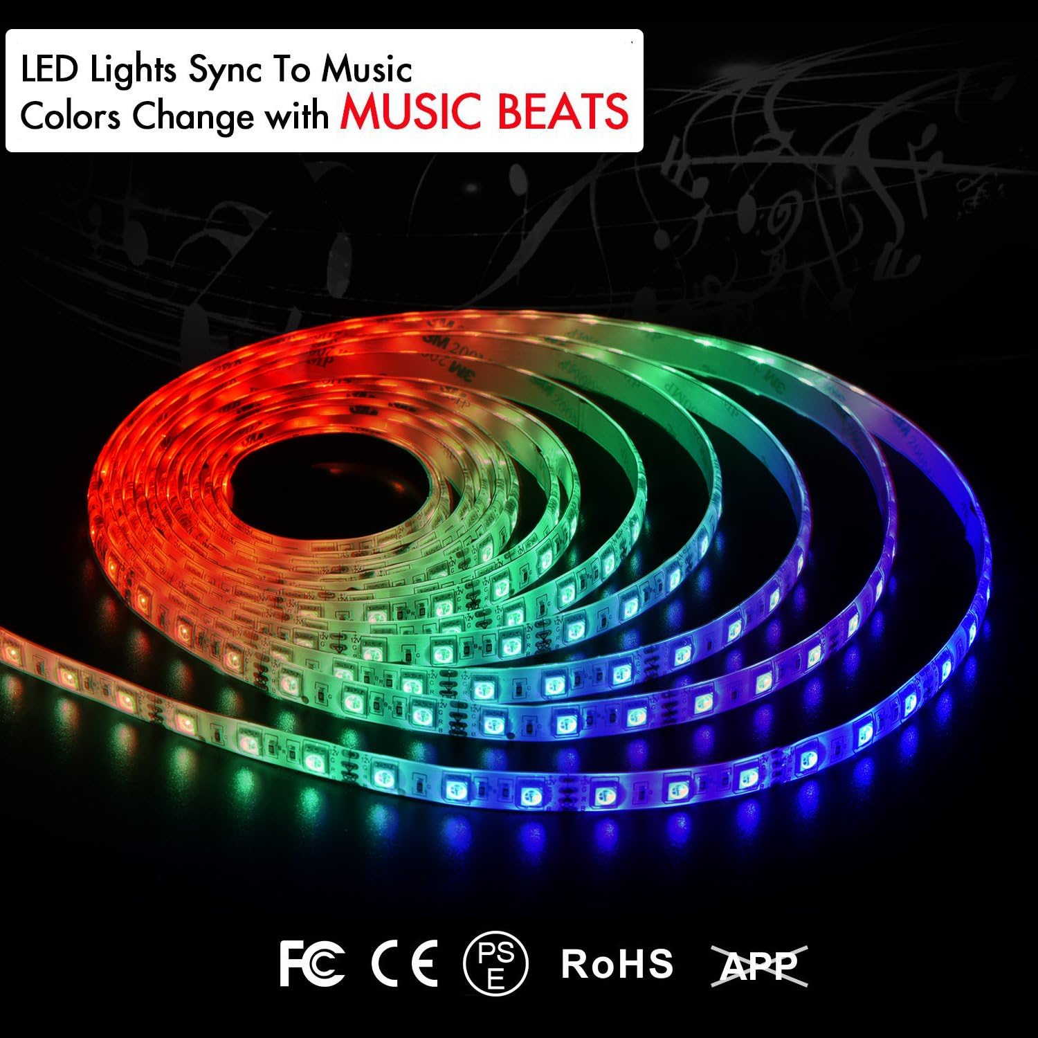 LKARM LED Strip Lights Sync with Music, 12V Music Sync Waterproof 16 Colors RGB LED Strip Lights 16.4ft Flexible with 3M Tape/ 300 LED SMD 5050/IR Controller, DIY Christmas Party & Decoration