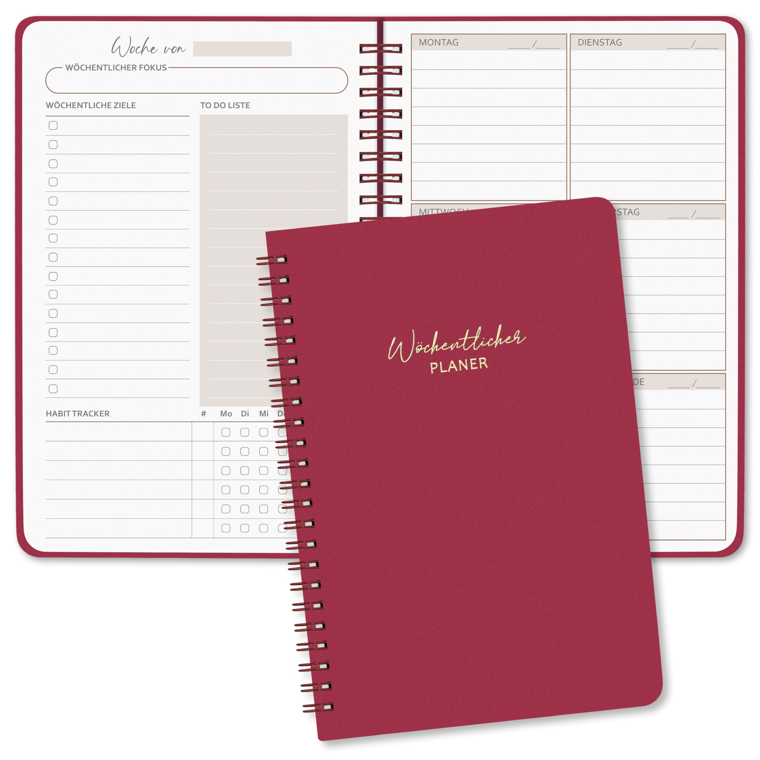 BIROYAL Undated Weekly Planner A5 Weekly Diary with To-Do List, Large Note Field, 52 Sheets Diary in German Ring Binder with Hardcover Planner Deep Red