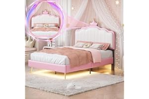Linique Full Size Upholstered Bed Frame with Under-Bed LED Lights, Upholstered Princess Bed with Crown Headboard, White+Pink