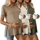 Ficerd 3 Pack Women's Maternity Shirts Short Sleeve Pregnancy T-Shirts V Neck Split Side Tops Casual Soft Maternity Clothes