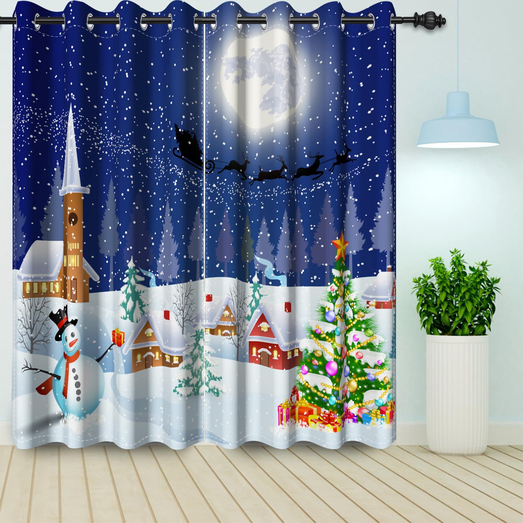 Bovlleetd Christmas Winter Snowy Window Curtains Snowman Xmas Trees Window Treatment Fairy Tale Blue Starry Night Thermal Insulated Blackout Curtains Set 117x183cm 2 Pieces