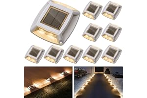 ETETALE Solar Driveway Lights 10 Pack, Solar Powered IP68 Waterproof Dock Lights, 4 LED Driveway Markers Deck Light for Dock, Pathway, Walkway, Sidewalk, Garden, Yard, Stair, Marine Use (Warm)