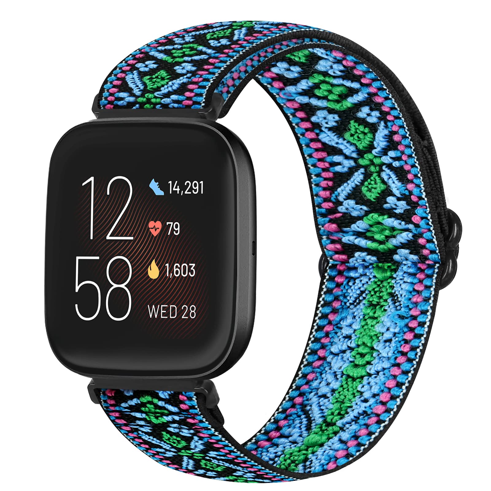 Runostrich Adjustable Elastic Watch Straps Compatible with Fitbit Versa/Fitbit Versa 2 Nylon Sport Loop Stretch Wristband Replacement Band for Women Men (Boho Blue) — image 1