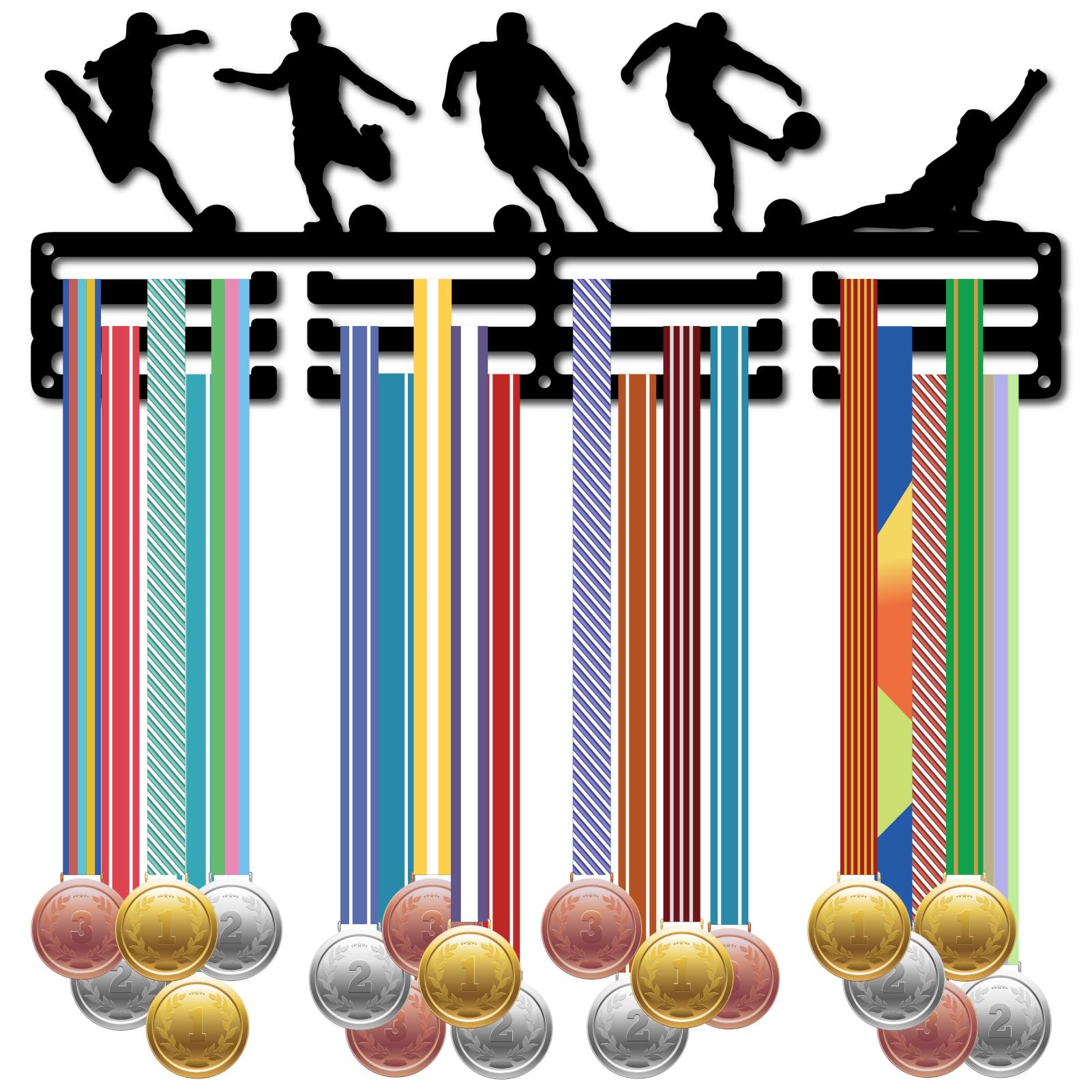 CREATCABIN Football Medal Holder Display Hanger 60+ Medals Rack Soccer Medal Holder Metal Black Shelf Hanger Organizer Medal Stand Frame Wall Mounted Hanging Display for Awards Ribbon 15.7 x 6Inch