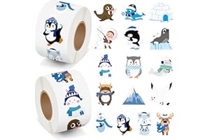 BeYumi Winter Polar Animal Sticker - 1000Pcs Polar Animal Stickers in 2 Rolls Cute Winter Arctic Adhesive Kawaii Animal Decal Holiday Party Favor Supplies Classroom Office Bottle Decor for Kids