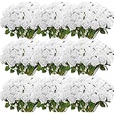 Jexine 100 Pieces Artificial Roses Flowers Bulk, Long Stem Realistic Fake Silk Roses Bouquet for Table Centerpiece Vases Wedding Party Kitchen Decor(Pure White)