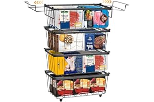 MKWAY Freezer Organizer Bins, 4 Pack Stackable Deep Chest Freezer Organizer Bins, Foldable Baskets with Handles and Extension Brackets, Storage Container Baskets for 5/ 7 Cu.FT Deep Freezer Meats, Black