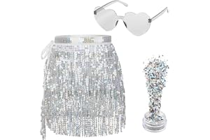 FAROCHY Sequin Skirt - Belly Dance Hip Scarf Sequin Tassel Skirt Fringe Skirt Rave with Heart Sunglasses and Face Glitter(One Size)