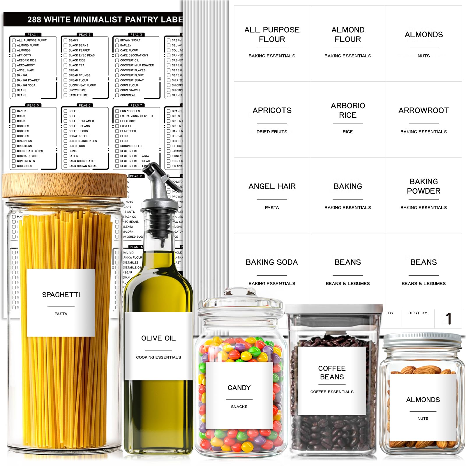 Photo 1 of **INCOMPLETE, MISSING LABELS** Kuocodall 288 Pantry Labels for Food Containers, Preprinted Minimalist Waterproof Stickers for Organizing Storage Bins, Jars and Kitchen