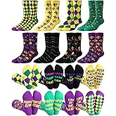 Eurzom 8 Pairs Mardi Gras Socks Gifts for Men Carnival Funny Casual Cotton Crew Socks Bulk Fleur De Lis Mask Purple Green Gold Patterned Novelty Holiday Party Accessories