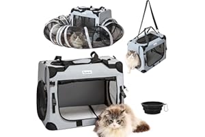 Pawtenda Large Cat Carrier for 2 Cats, 24"x17"x17" Collapsible Soft-Sided Travel Pet Carrier with Bowl/Mat/Blanket, Expandable Closed-Loop Tunnel System - Shoulder/Hand Carry for Car Trips, Grey