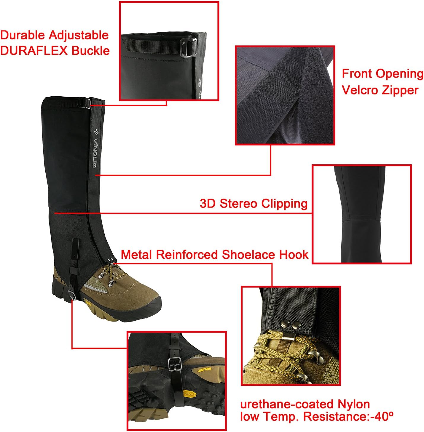 Vinqliq Durable Waterproof Breathable Hiking Ski Snow Climbing Hunting High Leg Gaiters for Men and Women (Upgraded - L): Sports & Outdoors