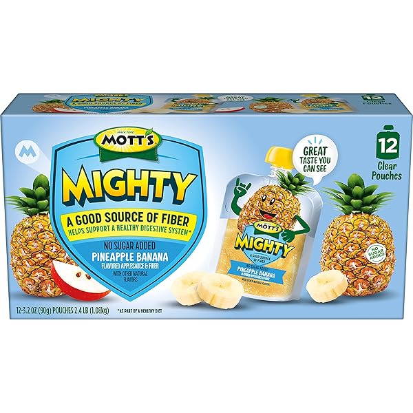 MOTT’S MIGHTY PINEAPPLE BANANA APPLESAUCE, 3.2 OZ CLEAR POUCHES, 48 COUNT (4 PACKS OF 12), NO SUGAR ADDED, GOOD SOURCE OF FIBER, SUPPORTS A HEALTHY DIGESTIVE SYSTEM, GLUTEN-FREE, KOSHER