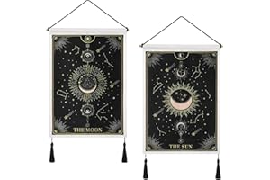 SOMYTING Pack of 2 Sun Moon Stars Tapestry Wall Hanging, Mysterious Tarot Card Tapestry Constellation Black and Gold Tapestry