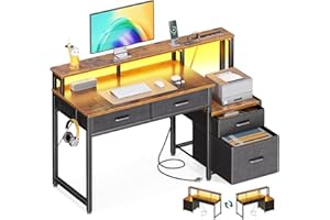 AODK Computer Desk with 4 Drawers, 48 Inch Reversible Desk with Led Lights & Power Outlet, Office Desk with File Drawer & Monitor Stand, Work Table for Home Office, Rustic Brown