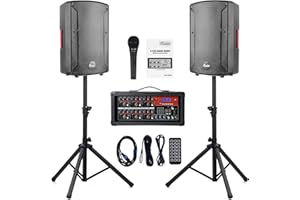 EXOTON S-1202 12inch Bluetooth PA System with Powered Mixer Set, Passive Speakers with 6 Channel Mixer/Stands/Mic/Effect Controller/ 48V Phantom Power,for Indoor&Outdoor