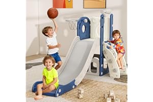 DOREROOM 6 in 1 Toddler Slide, Kids Slider for 1-3, Indoor Outdoor Playset Playground with Basketball Hoop, Storage, Climber and Telescope, Great Gift for Baby & Child, Blue and White