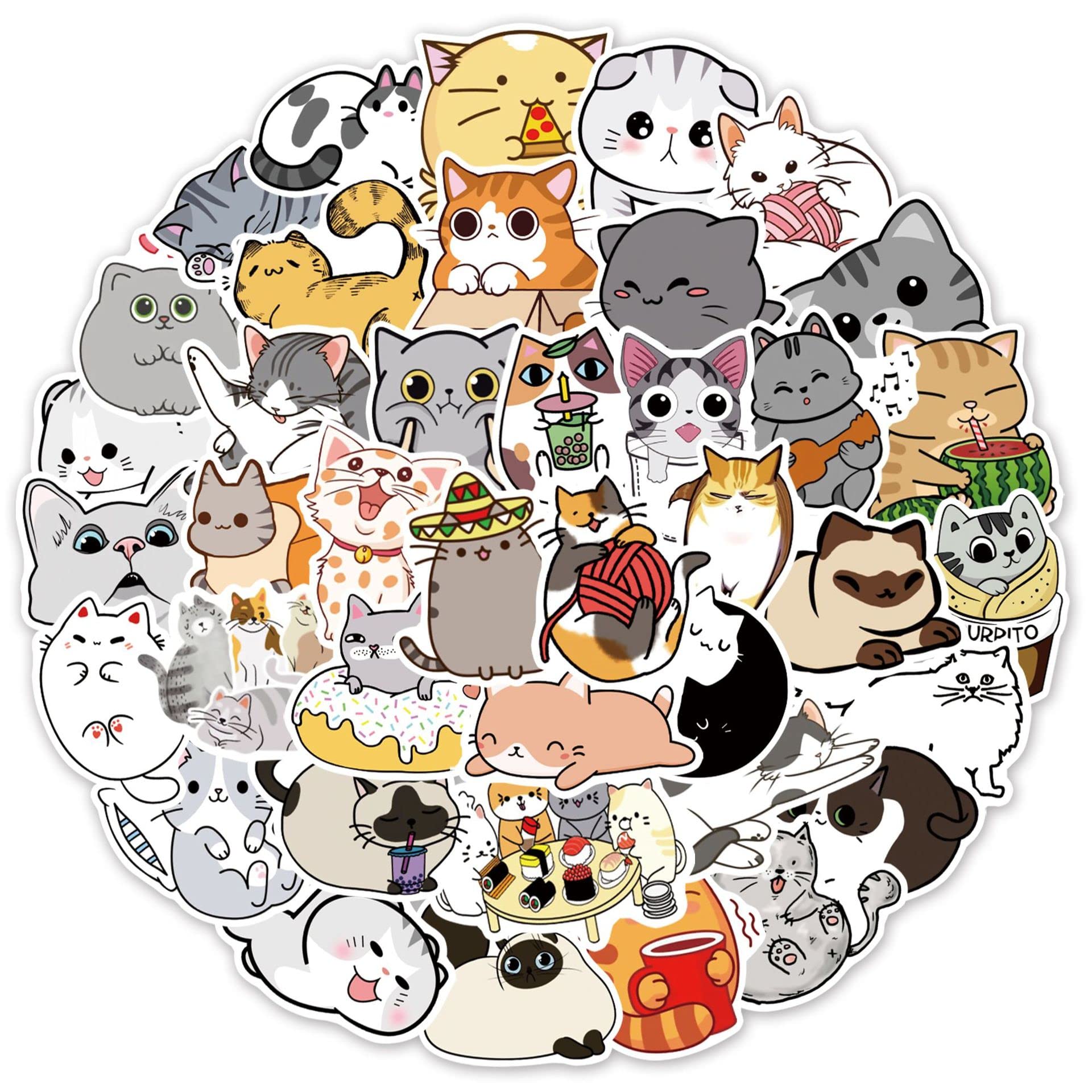 50 Pcs Cute Cat Stickers for Laptop, Bumper, Skateboard, Water Bottles, Computer, Phone, Guitar, Cartoon Stickers for Kids Teens Adult
