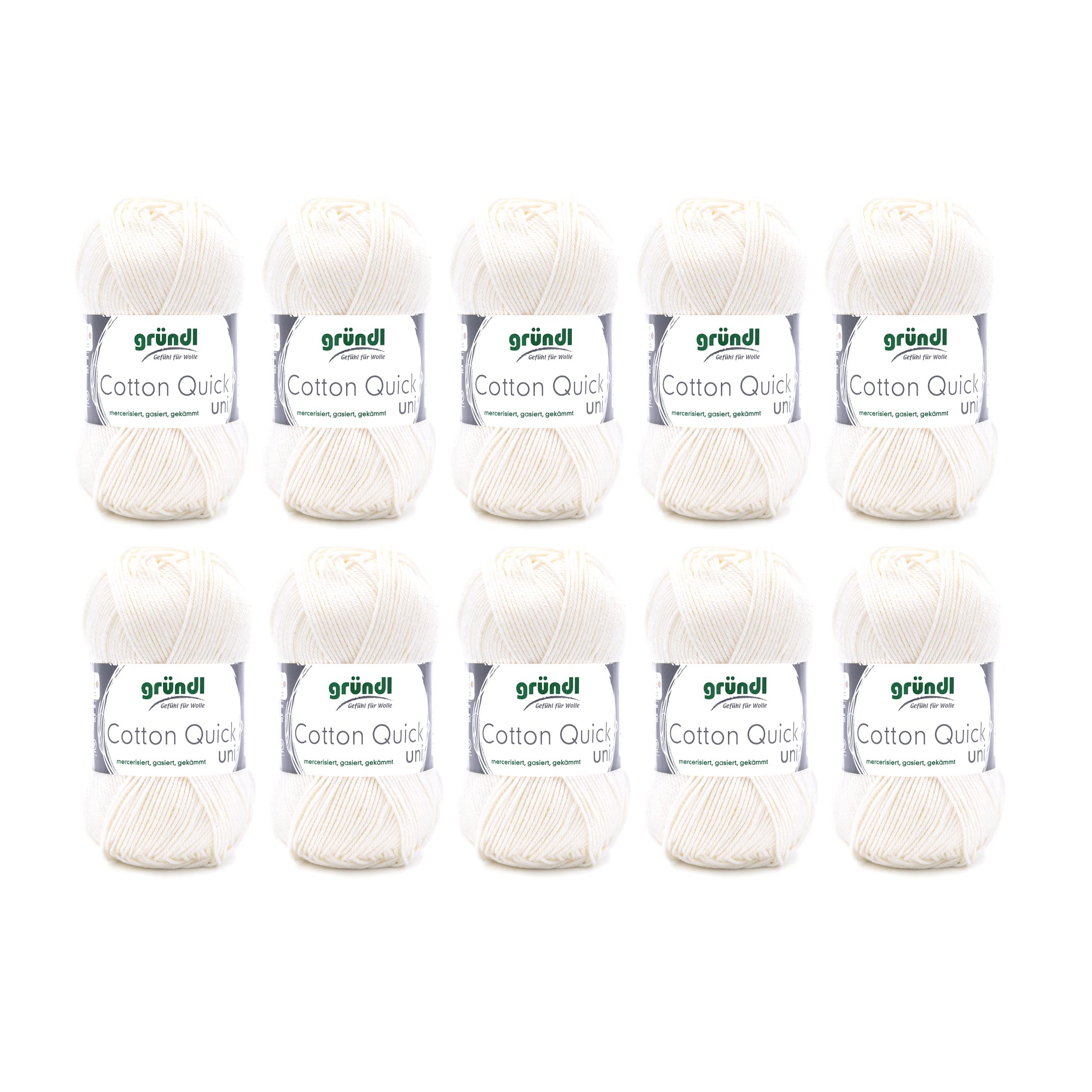 Gründl Cotton Quick Uni knitting/crochet yarn, 10 balls à 50 g (colourful yarn made of 100% cotton, OEKO-TEX certified, 50 g / 125 m, needle size: 3-4, 10 x 50 g), wool white