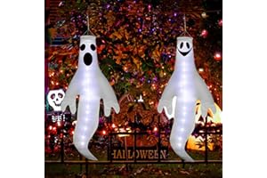 KIMOBER Halloween Ghost Windsocks Decorations,2 Pack Hanging Ghost Flag Wind Socks with White Lights 47 Inch White Prelit Ghost Decor for Halloween Decoration Outdoor Lawn Decor(Spooky Style)
