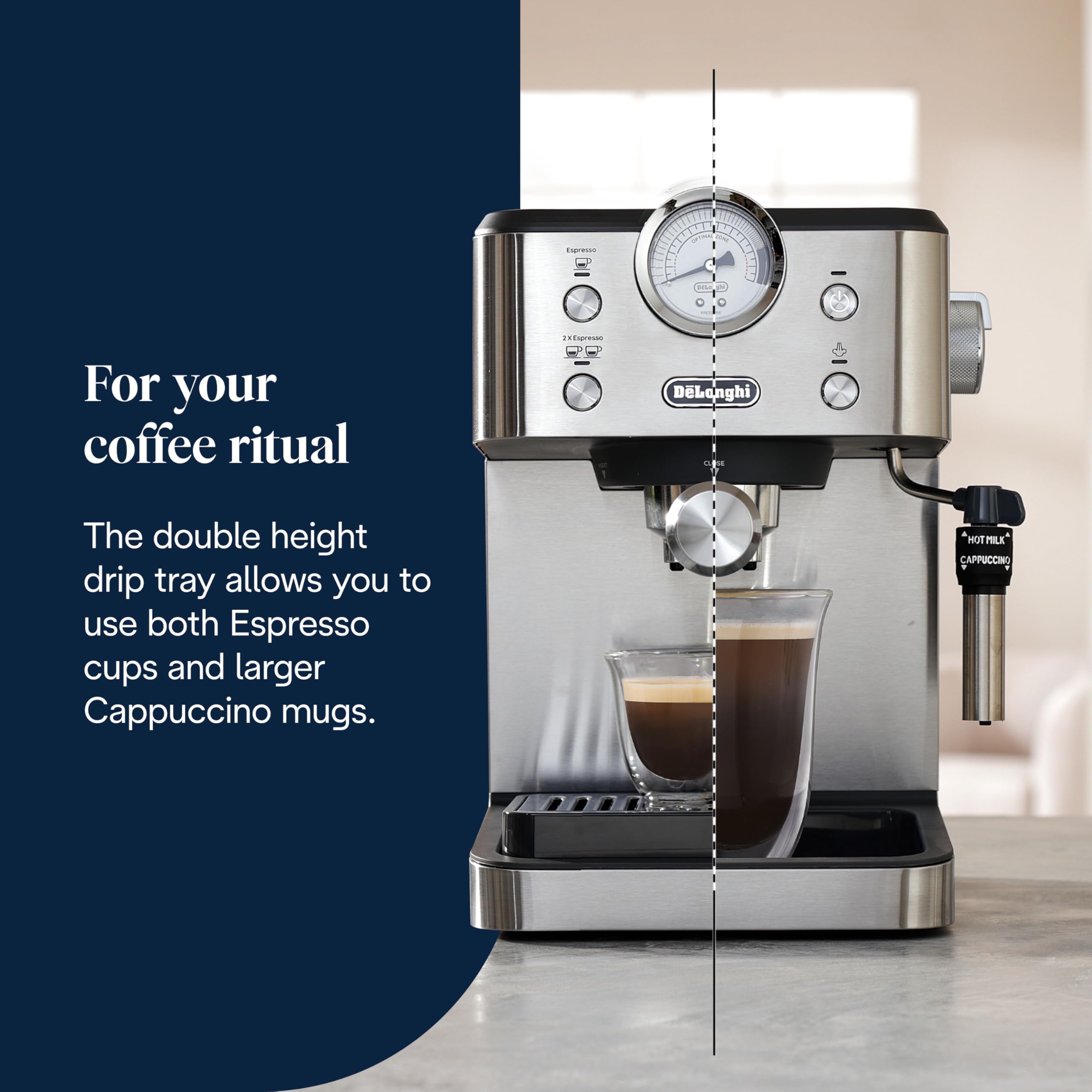 De'Longhi Siebträgermaschine Classic EM450.M, Espressomaschine mit professionellem Milchaufschäumer, Vollmetallgehäuse, 15 Bar, 1,7 l Wassertank, Edelstahl/Metall 5
