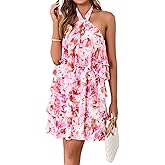 Simplee Womens Summer Floral Mini Dress Casual Sleeveless Halter Ruffle Tiered Chiffon Boho Beach Vacation Short Dresses