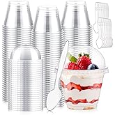 100 Set 9 oz Plastic Clear Dessert Cups with Dome Lids No Hole & Spoons, Crystal Disposable Parfait Cup with Lids, Plastic Fr