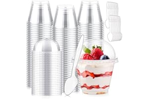 100 Set 9 oz Plastic Clear Dessert Cups with Dome Lids No Hole & Spoons, Crystal Disposable Parfait Cup with Lids, Plastic Fr