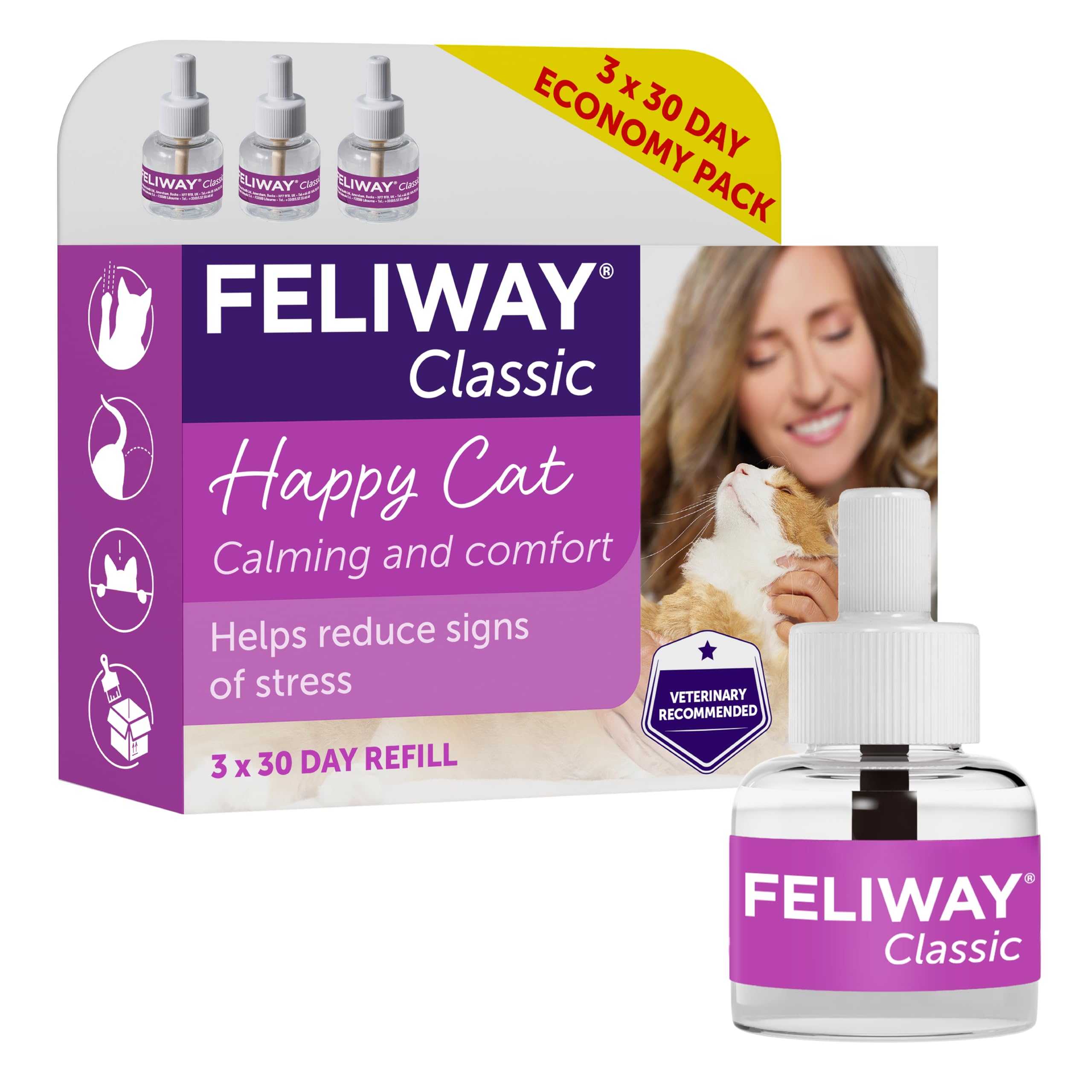 Feliway Classic 3 x 30 Day Cat Calming Odourless Refills for Pheromone Diffuser, 3 x 48ml - Helps Solve Common Signs of Stress in Cats and Kittens, Veterinary Recommended, Drug-Free, Clinically Proven