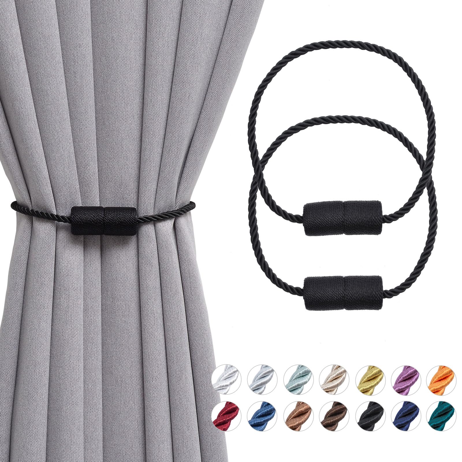 Pretty Jolly 2 Pack Magnetic Curtain Tiebacks 16 Inch Handmade Weave Side Rope Curtain Holdbacks Convenient Decorative Cylinder Curtain Drape Tie Backs for Home & Office Window Drapery (Black)