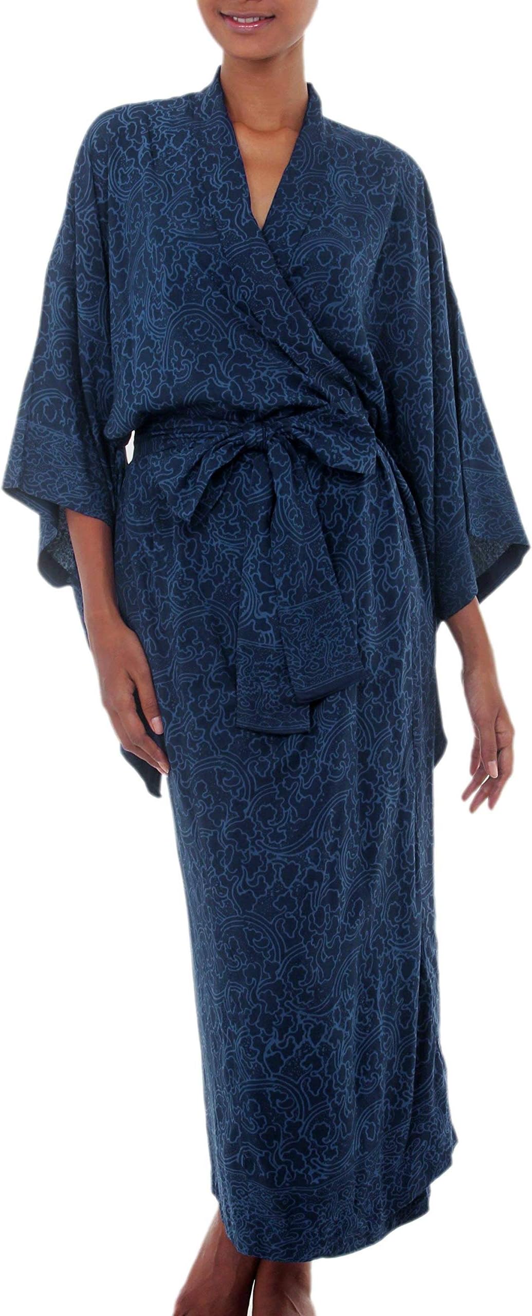 NOVICAArtisan Handmade Rayon Batik Robe Women's from Indonesia Clothing Blue Or Purple Patterned Floral ' Indigo Orchids'