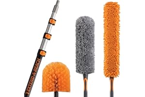 EXTEND-A-REACH 20 Feet High Reach Ceiling Dusters Set with 4-12 ft Extension Pole for Cleaning // Extendable Telescoping Long Reach Cobweb & Feather Dusters for High Ceiling // Extendable Ceiling Fan Blade Cleaner