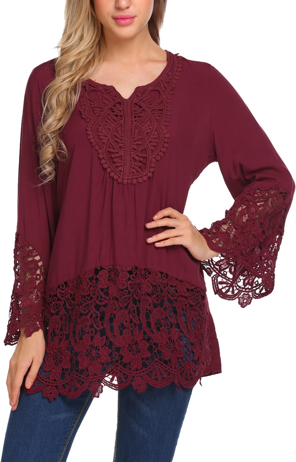 Womens Casual V Neck Loose Top Flare Sleeve Lace Splice Blouse Shirt Tops S-XXL