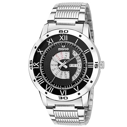 Analog Black Dial Mens Day and Date Watch in Silver Case and Chain