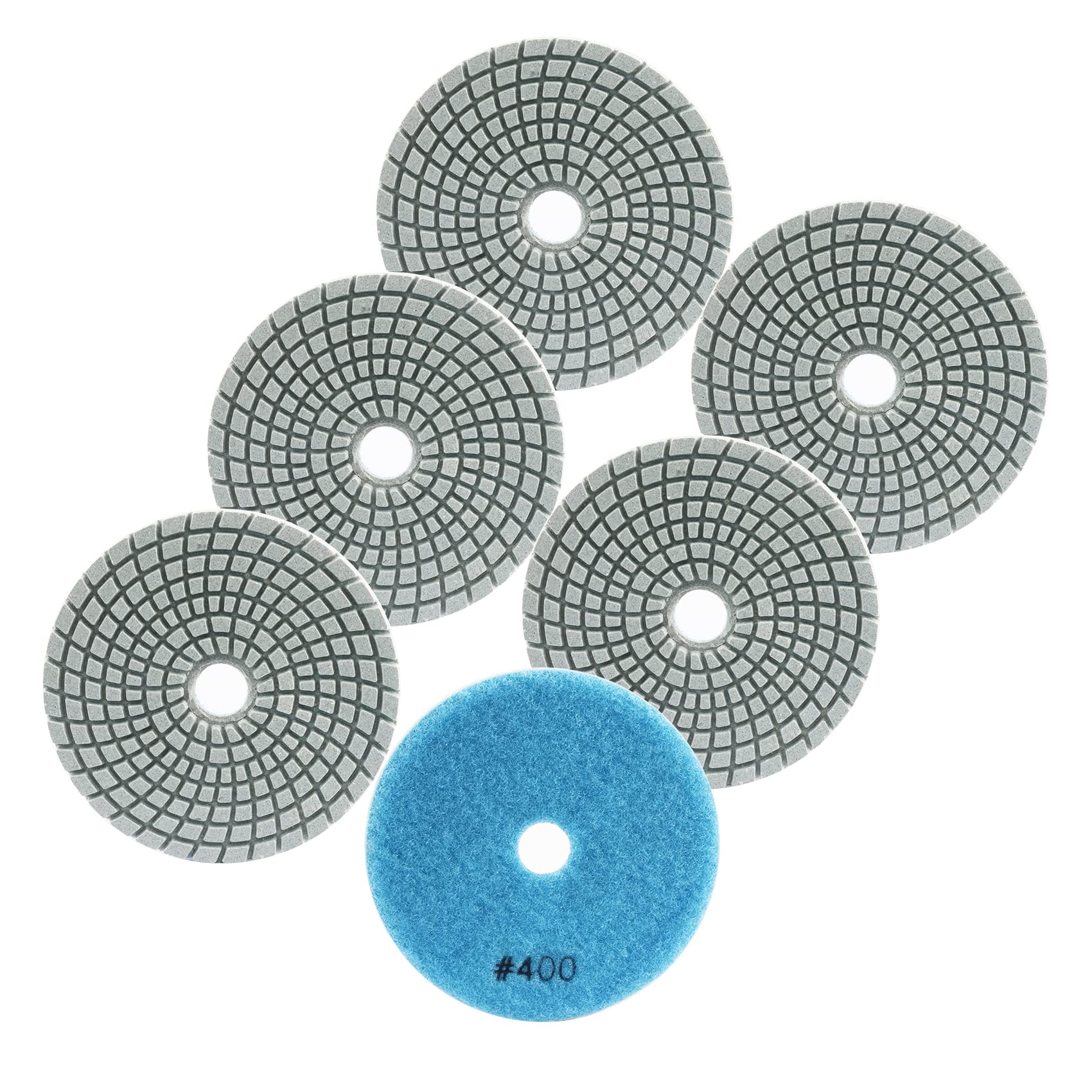 FOCSTOL Diamond Wet Polishing Pads - 6pcs 100mm Grit 400 Polishing Kit for Granite Marble Artificial Stone Quartz for Angle Grinder