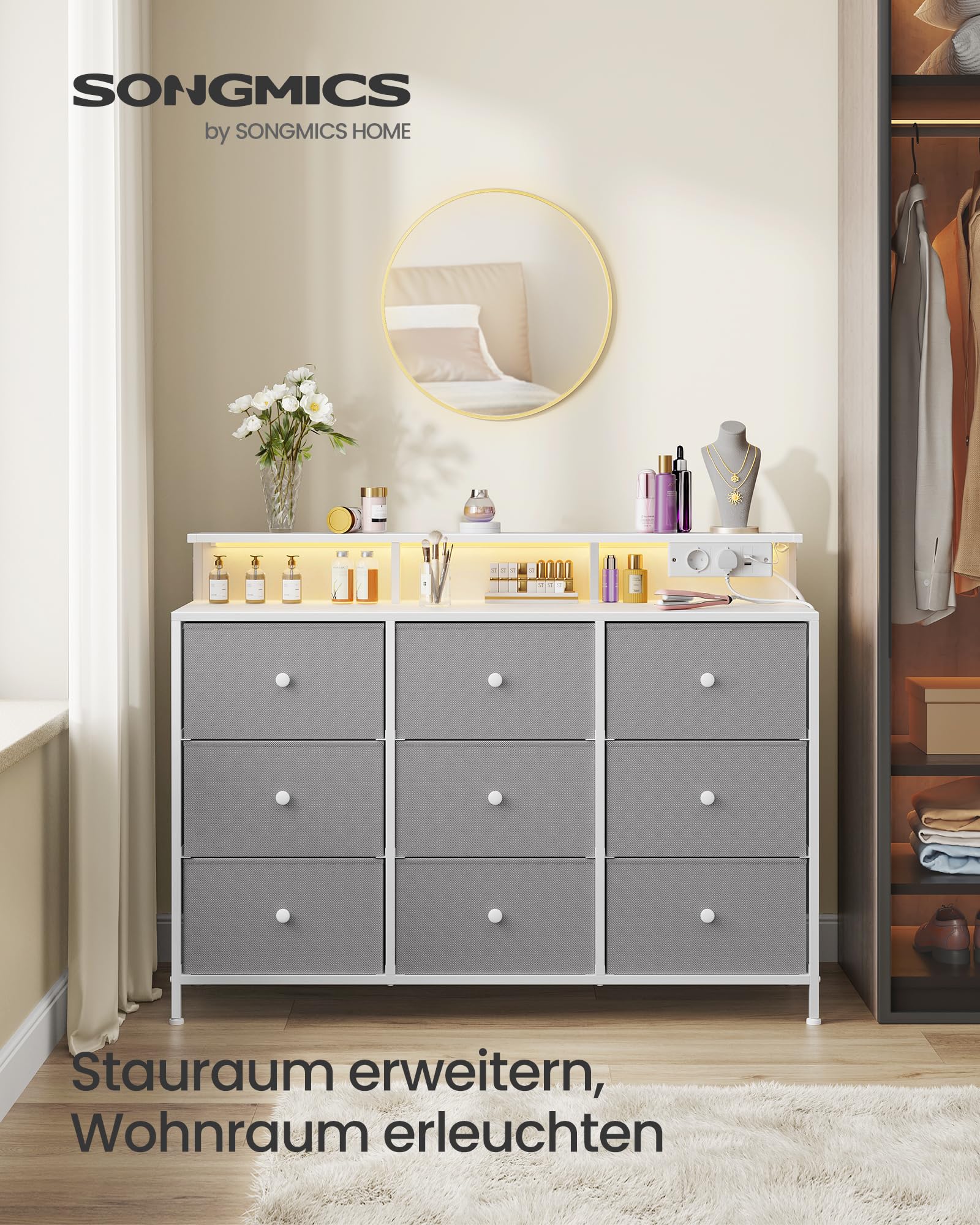 SONGMICS Kommode, Aufbewahrungsschrank mit 9 Schubladen und LED-Beleuchtung, Steckdosenleiste, Stahlrahmen, 33,5 x 114 x 84 cm, für Schlafzimmer, Wohnzimmer, Taubengrau LTS519G01 2