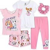 Paw Patrol Nickelodeon Girls Mix and Match 5 Piece Outfit Set with Tops, Leggings, Shorts & Scrunchie for Toddler and Big Kid