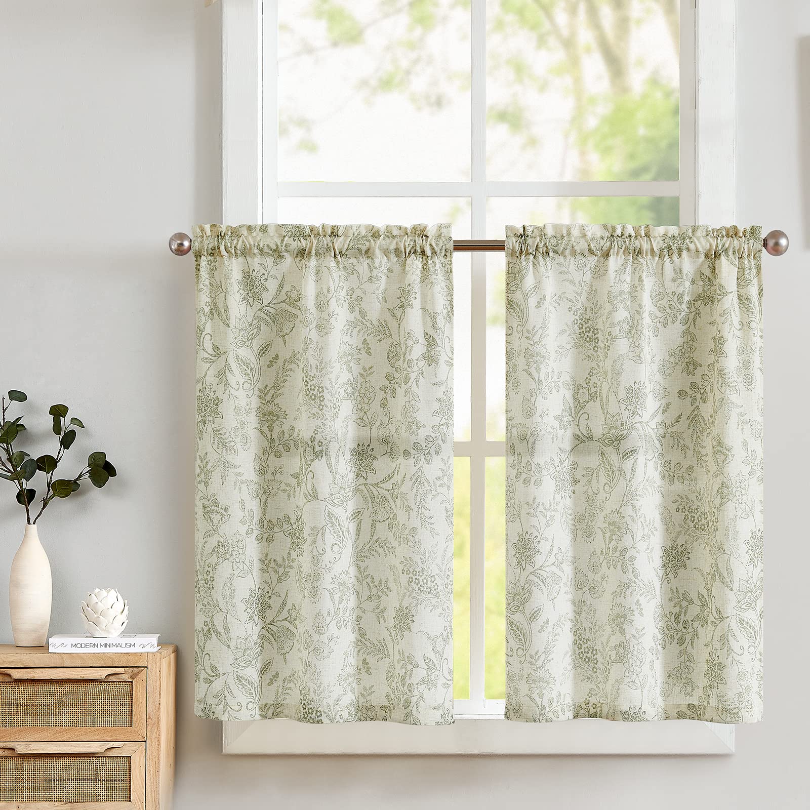 TOPICK Green Floral Linen Blend Kitchen Curtains 36 Inch Drop Small Cafe Curtains Light Filtering Curtain Tiers for Bathroom Sink Rod Pocket 2 Panels