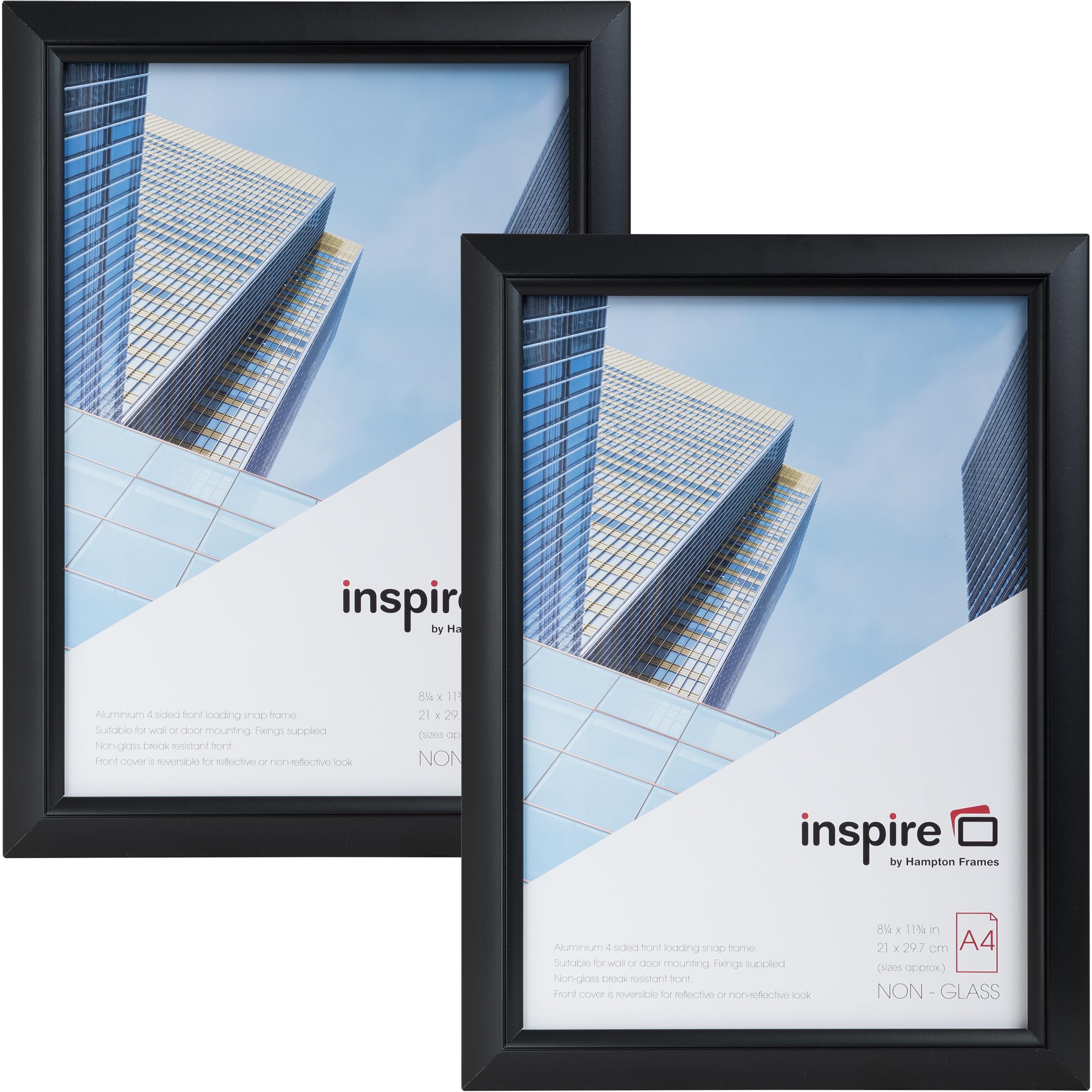 inspire by Hampton Frames | Snap Frames | A4 (21x30cm), Black, Acrylic Front, Pack of 2 | Rectangular, Non-Glass, Easy Change | Display Posters, Certificates, Photos