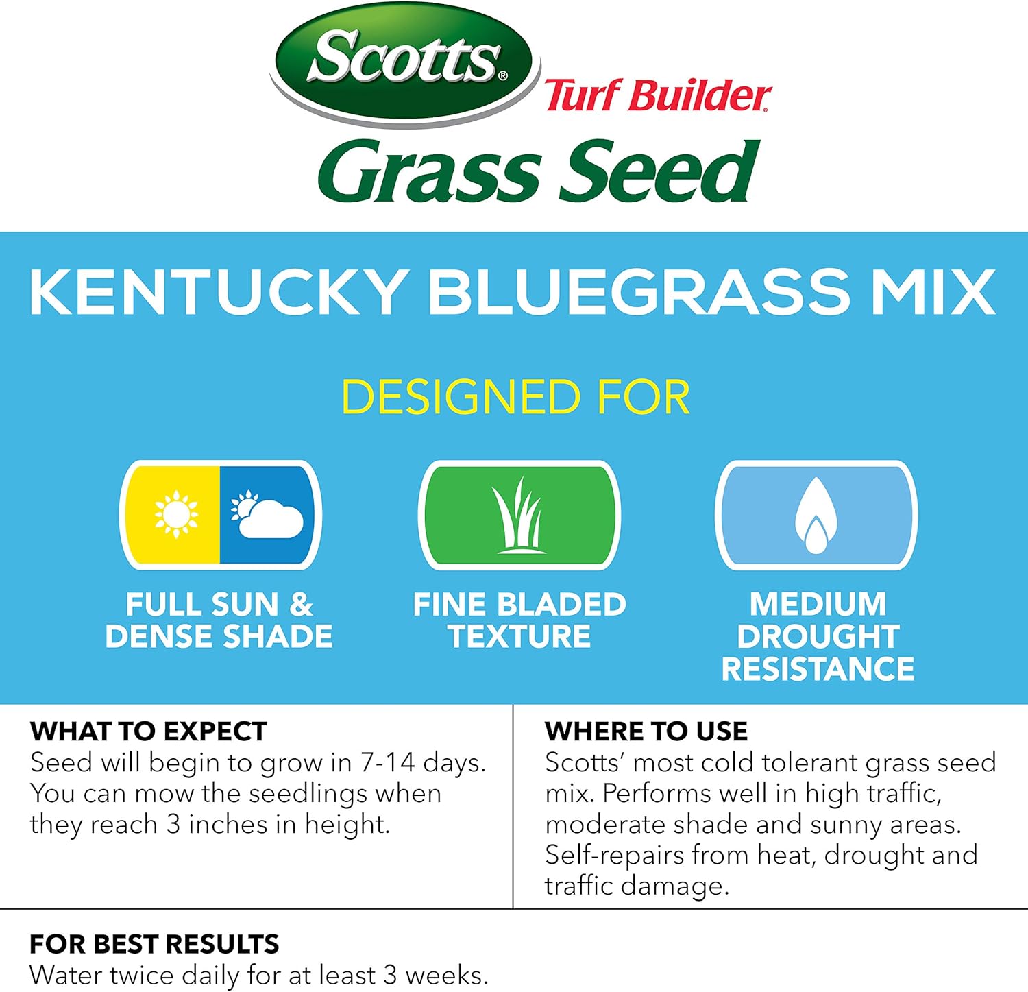 Scotts Turf Builder Grass Seed Kentucky Bluegrass Mix - 7 lb., Use in Full Sun, Light Shade, Fine Bladed Texture, and Medium Drought Resistance, Seeds up to 4, 660 sq. ft. : Grass Plants : Garden & Outdoor