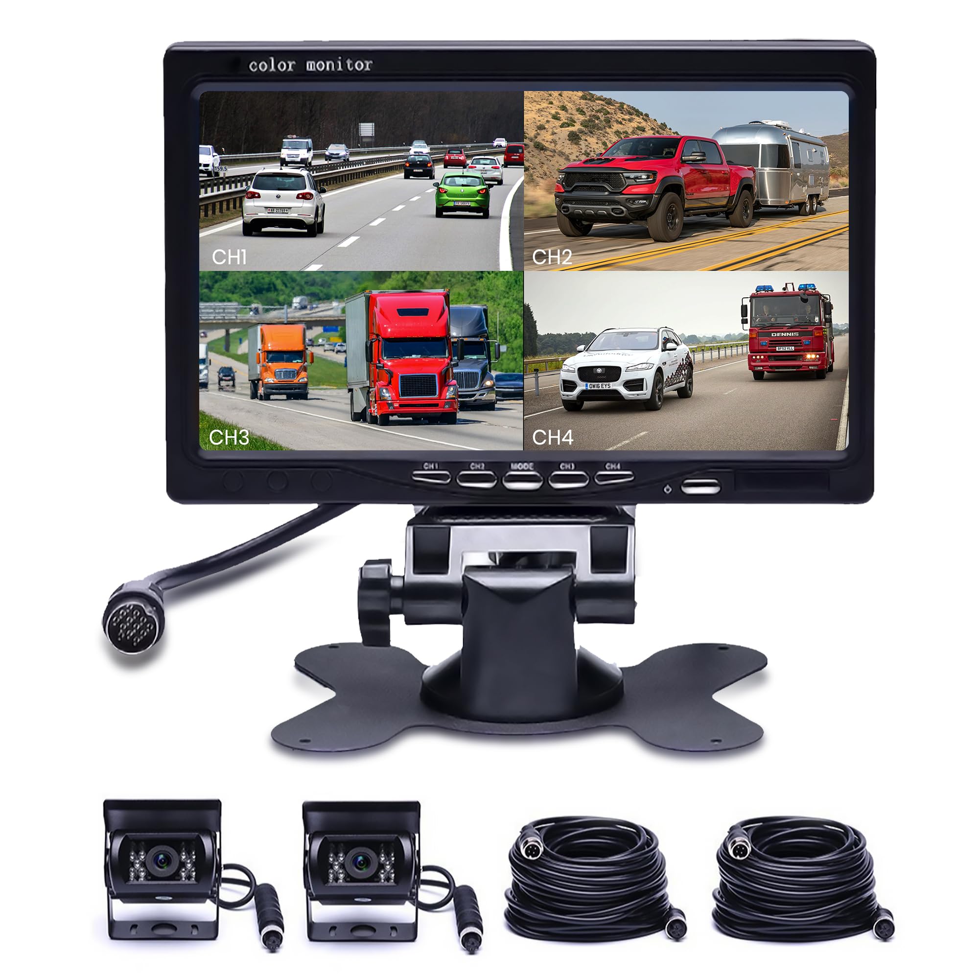 Truck Backup Camera with 7 inch Monitor Reverse Camera 4 Split Screen Front Car Rear View Camera 18 IR Night Vision Waterproof Aviation 4 Pins Connector For Trucks RV Trailer Bus 12V 24V