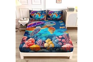 UEVBF Coastal Bedding Turtle Fitted Sheet Set Twin Size,Undersea World Fitted Sheet for Kids Boys Girls Room Decor,Colorful Coral Aquatic Plants Beach Themed Bedding,1 Fitted Sheet+2 Pillowcases.