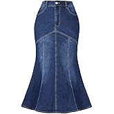 Allegra K Fishtail Denim Skirt for Women Casual Washed High Waisted Midi Jean Skirts